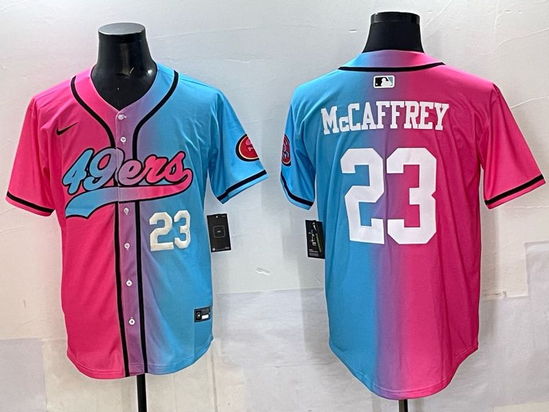 Men 2025 San Francisco 49ers #23 Mccaffrey Blue pink Nike Limited NFL Jersey style 03